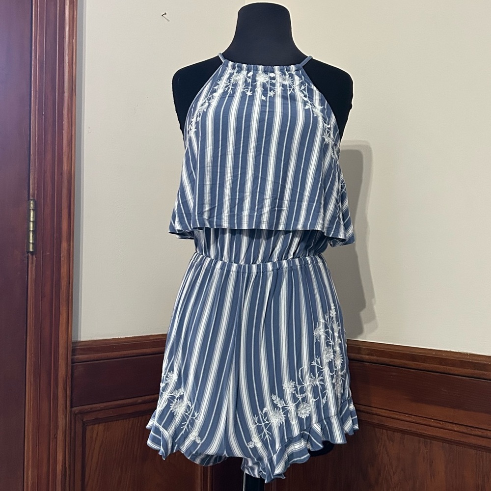 American Eagle Blue Stripe Embroidered Halter Romper
